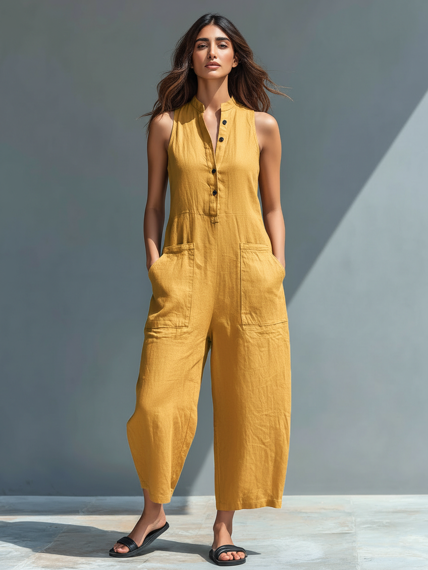 Women's linen jumpsuit sleeveless button-up stand collar loose fit