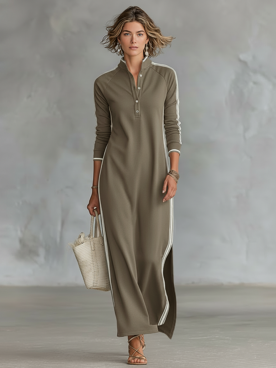 Women's maxi sweatshirt dress with button-down collar and white trim, minimalist relaxed fit