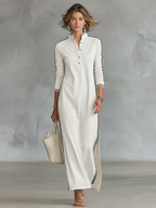 Women's maxi sweatshirt dress with button-down collar and white trim, minimalist relaxed fit