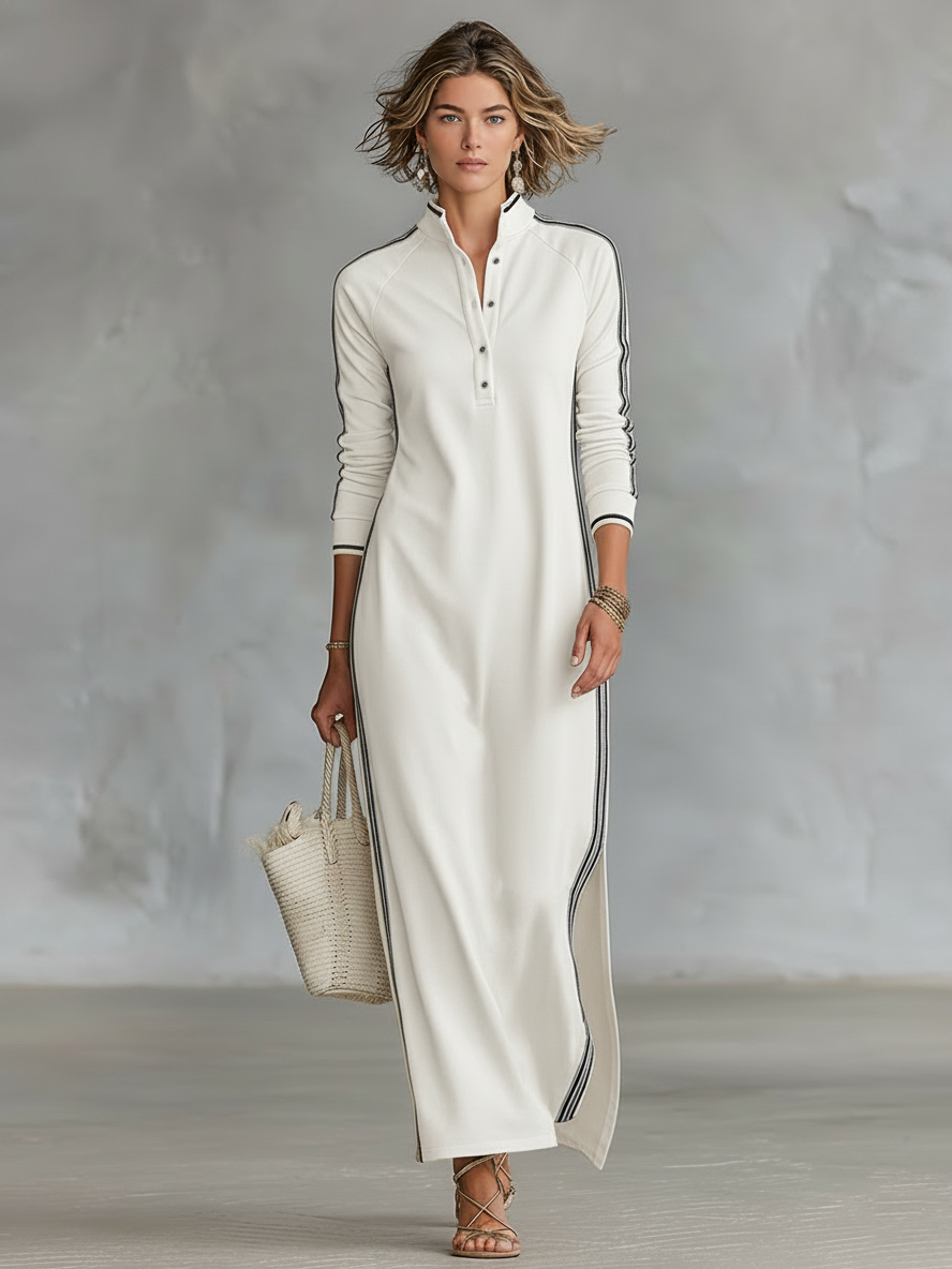 Women's maxi sweatshirt dress with button-down collar and white trim, minimalist relaxed fit