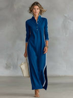Women's maxi sweatshirt dress with button-down collar and white trim, minimalist relaxed fit