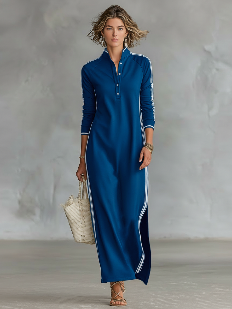 Women's maxi sweatshirt dress with button-down collar and white trim, minimalist relaxed fit