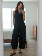 Women's linen jumpsuit sleeveless button-up stand collar loose fit