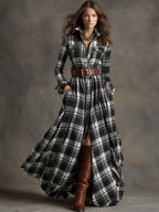 Women's shirt dress button-down plaid relaxed fit, available in reddish-brown, green, blue, black