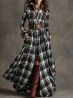 Women's shirt dress button-down plaid relaxed fit, available in reddish-brown, green, blue, black
