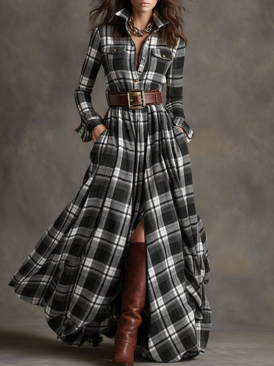 Women's shirt dress button-down plaid relaxed fit, available in reddish-brown, green, blue, black