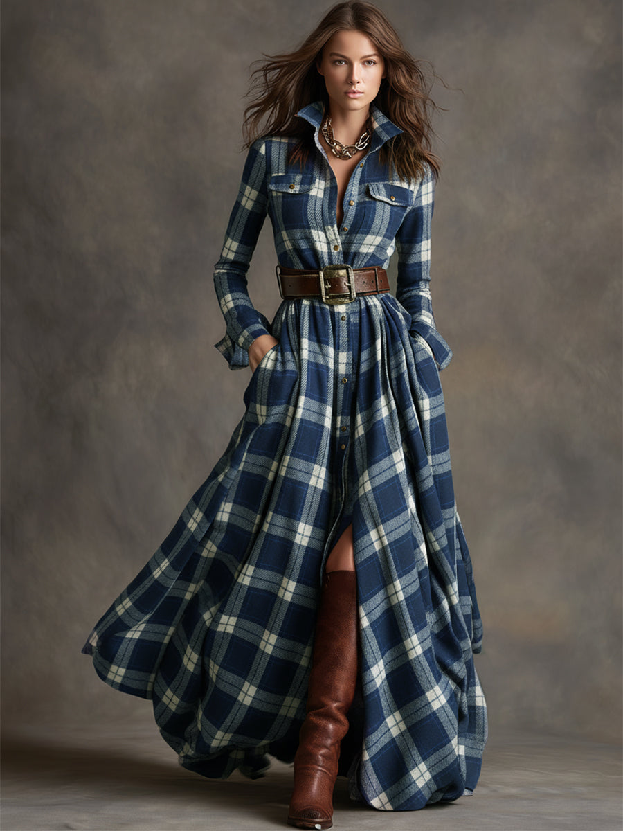 Women's shirt dress button-down plaid relaxed fit, available in reddish-brown, green, blue, black