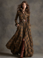 Women's shirt dress button-down plaid relaxed fit, available in reddish-brown, green, blue, black