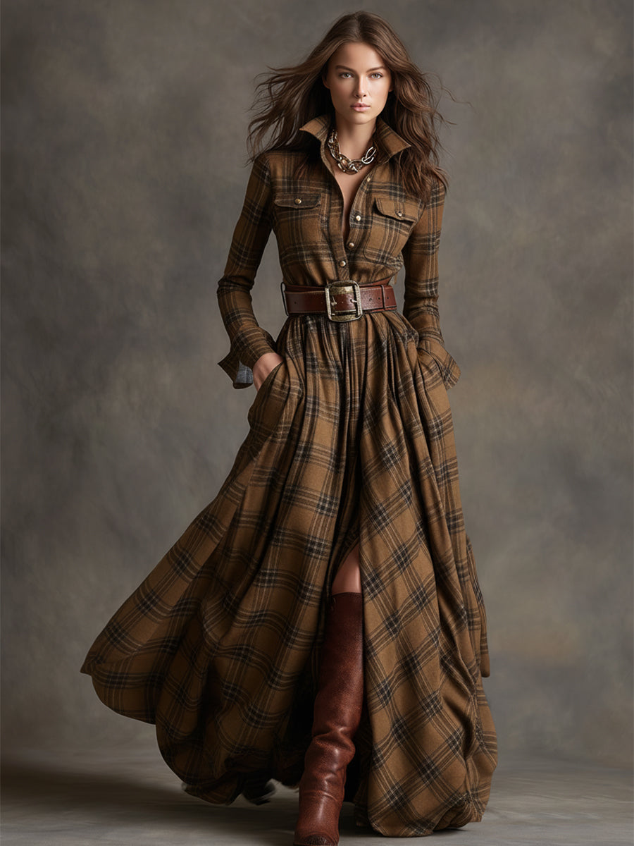 Women's shirt dress button-down plaid relaxed fit, available in reddish-brown, green, blue, black