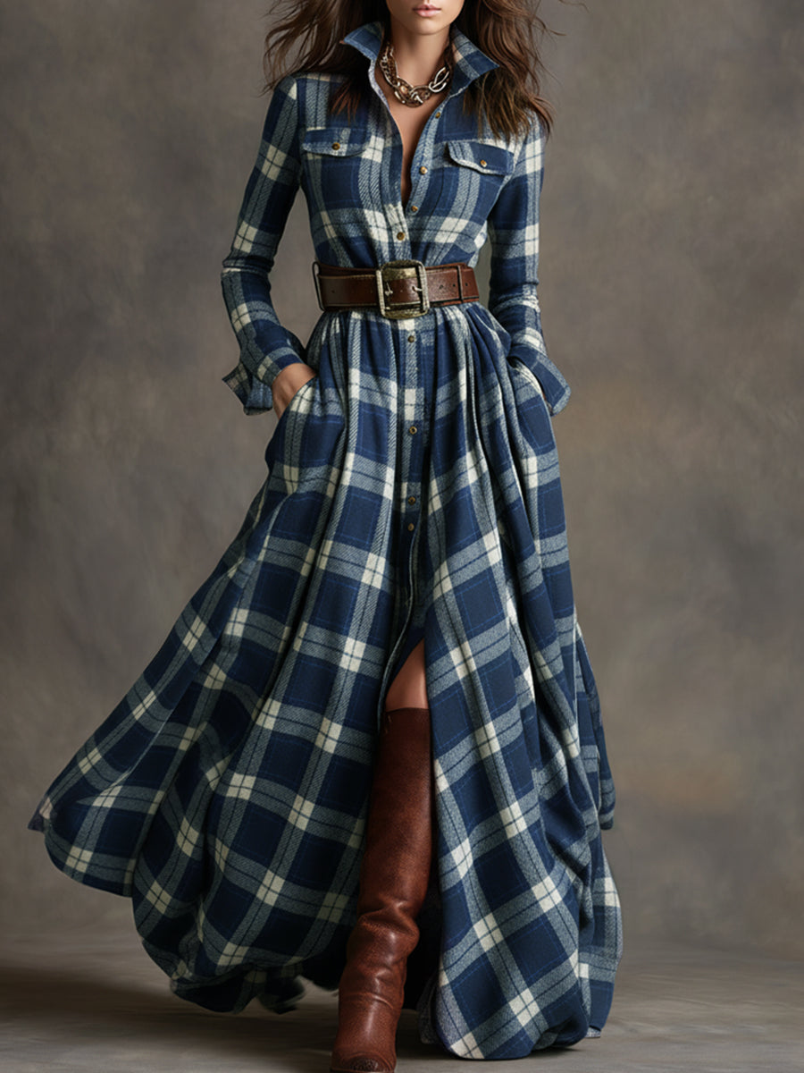 Women's shirt dress button-down plaid relaxed fit, available in reddish-brown, green, blue, black