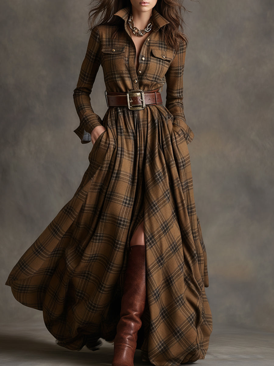 Women's shirt dress button-down plaid relaxed fit, available in reddish-brown, green, blue, black