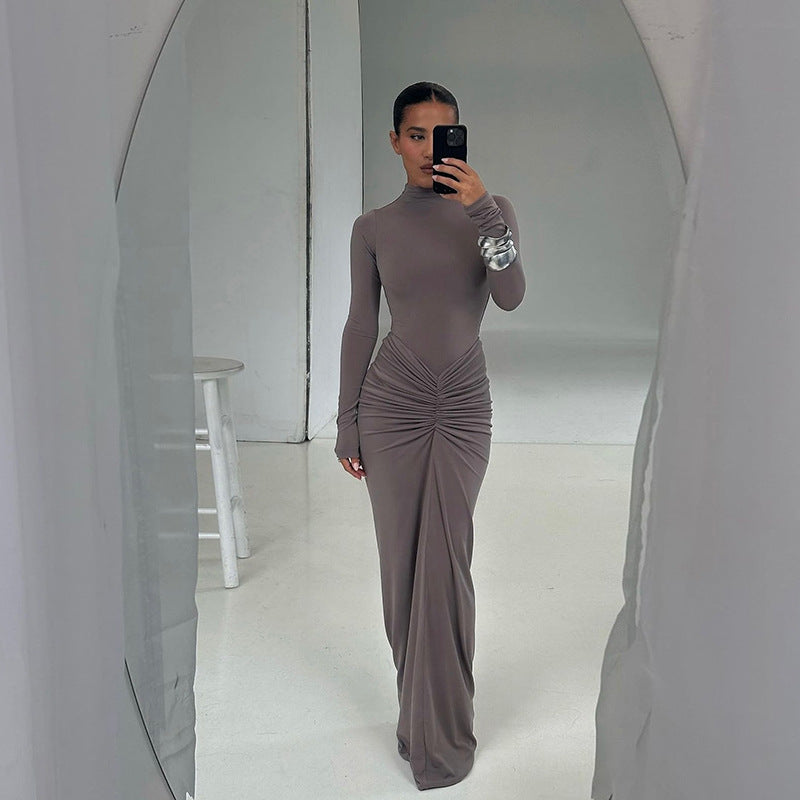 Long Sleeve Dress Women Maxi Slim Fit High Neck Draped Waist