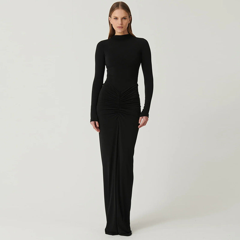 Long Sleeve Dress Women Maxi Slim Fit High Neck Draped Waist