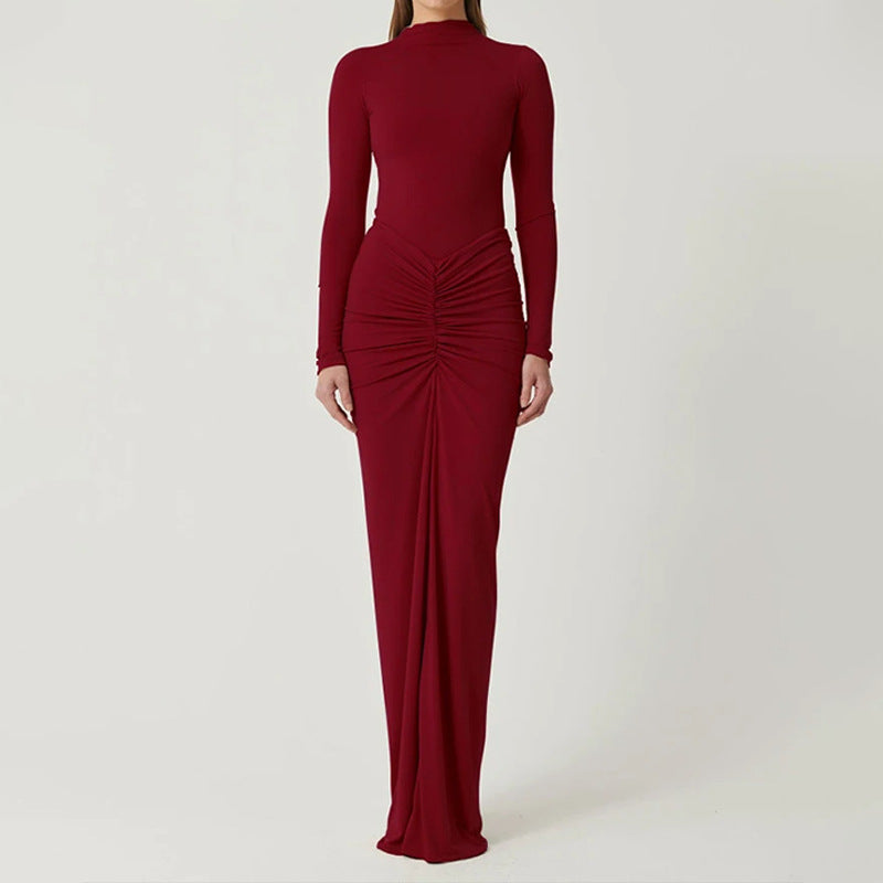 Long Sleeve Dress Women Maxi Slim Fit High Neck Draped Waist