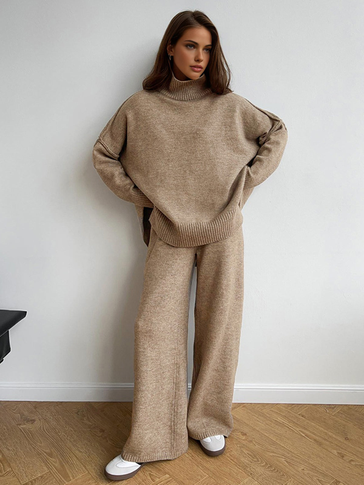 Women's loungewear set with turtleneck and wide-leg knit pants, soft cosy two-piece