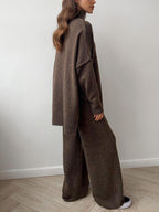 Women's loungewear set with turtleneck and wide-leg knit pants, soft cosy two-piece