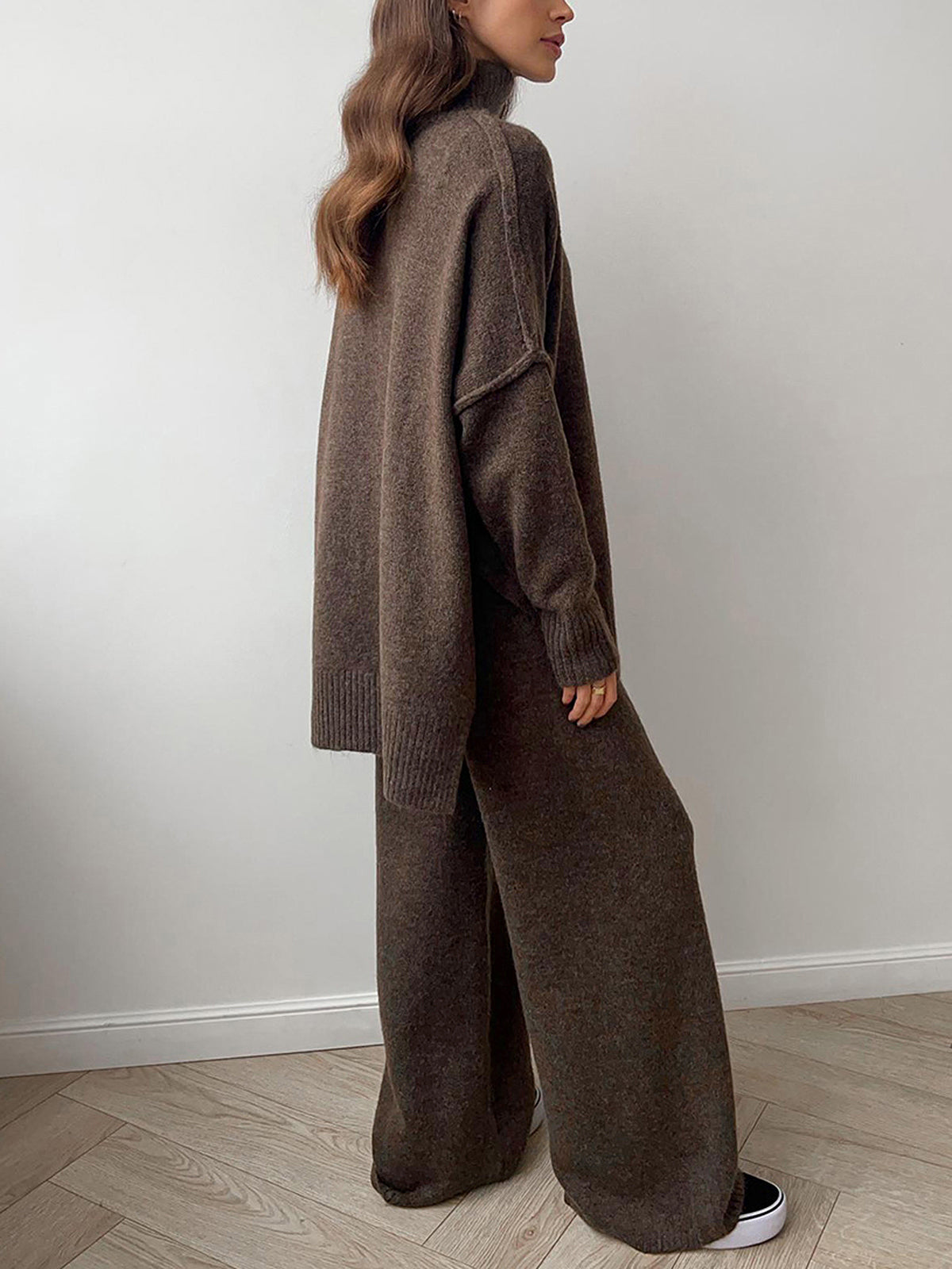 Women's loungewear set with turtleneck and wide-leg knit pants, soft cosy two-piece