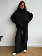 Women's loungewear set with turtleneck and wide-leg knit pants, soft cosy two-piece