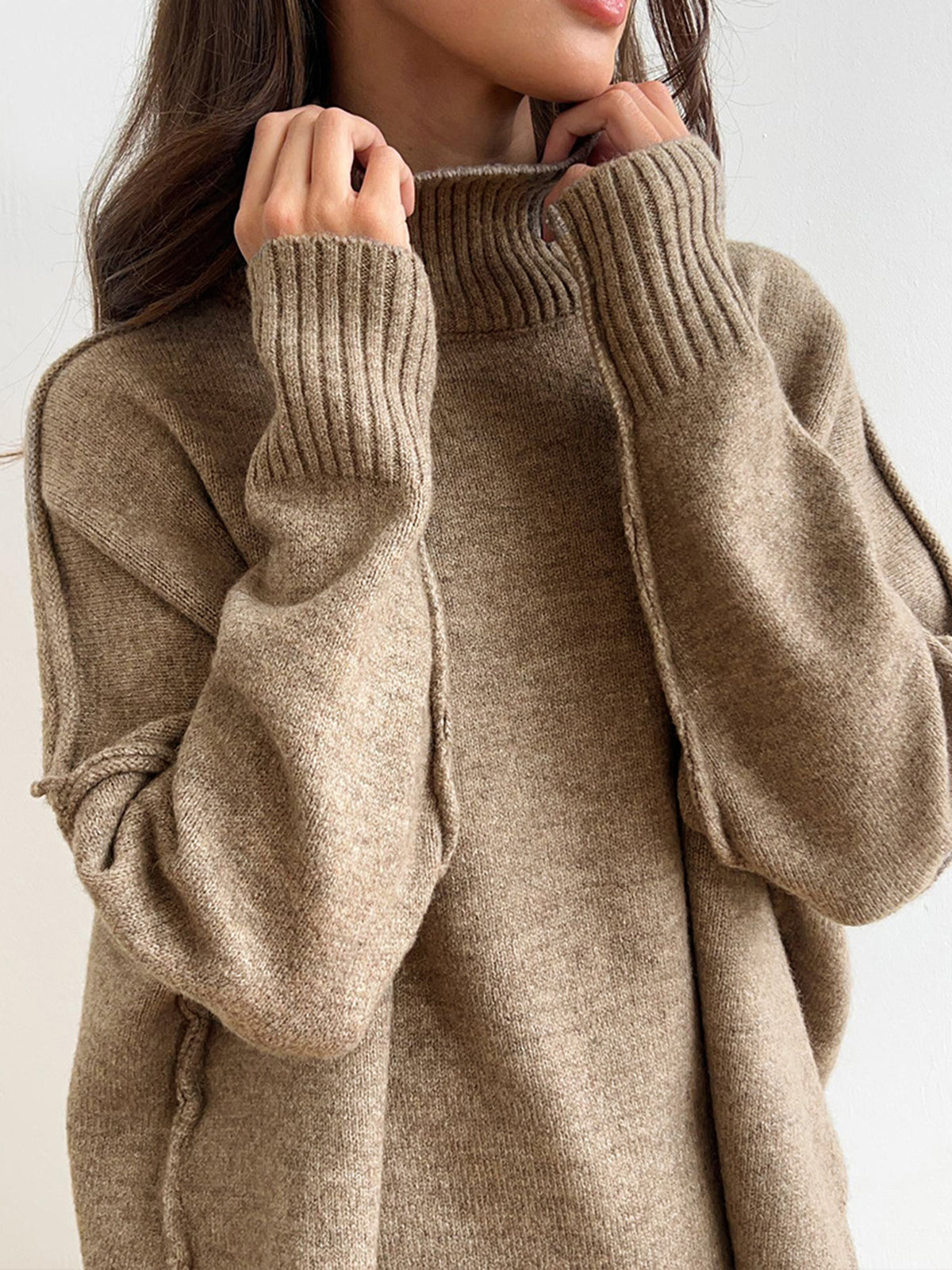 Women's loungewear set with turtleneck and wide-leg knit pants, soft cosy two-piece