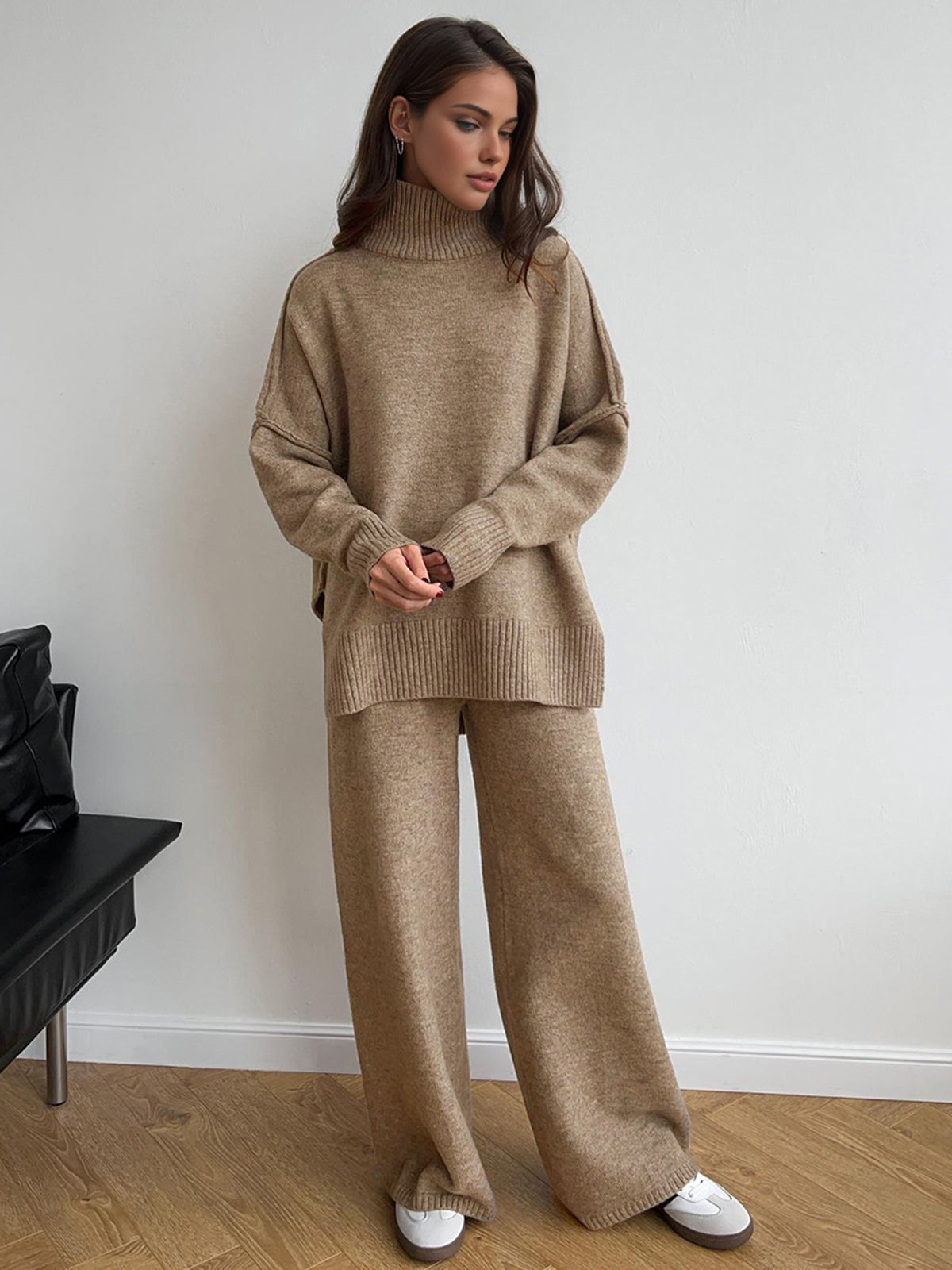 Women's loungewear set with turtleneck and wide-leg knit pants, soft cosy two-piece