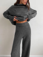 Women's loungewear set with turtleneck and wide-leg knit pants, soft cosy two-piece