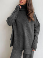 Women's loungewear set with turtleneck and wide-leg knit pants, soft cosy two-piece