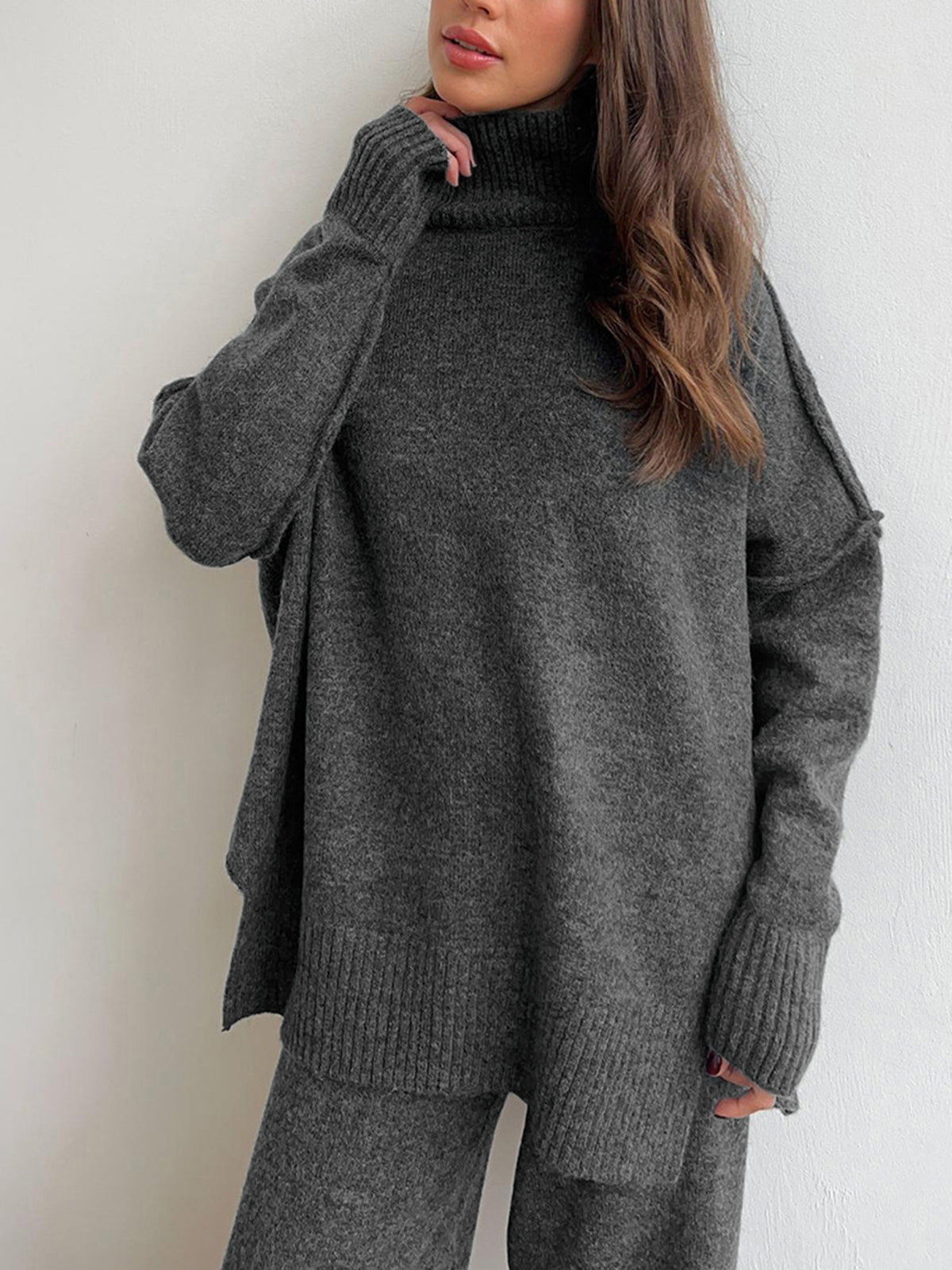 Women's loungewear set with turtleneck and wide-leg knit pants, soft cosy two-piece
