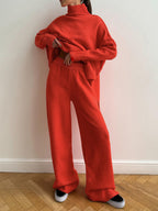 Women's loungewear set with turtleneck and wide-leg knit pants, soft cosy two-piece