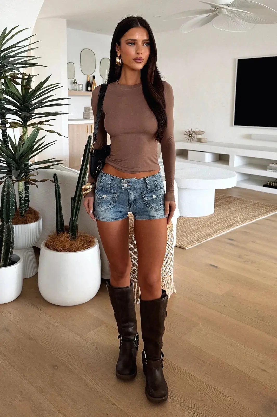Women Crop Top Long Sleeve Ribbed Slim Fit Cotton | Nina