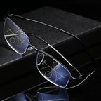 Multifocal glasses with anti-reflective coating and blue light filter for reading and distance