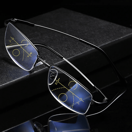 Multifocal glasses with anti-reflective coating and blue light filter for reading and distance