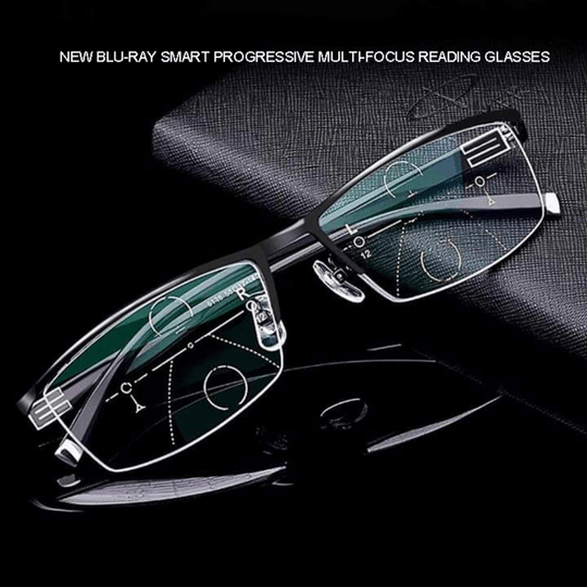 Multifocal glasses with anti-reflective coating and blue light filter for reading and distance