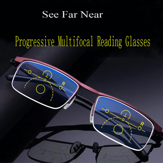 Multifocal glasses with anti-reflective coating and blue light filter for reading and distance