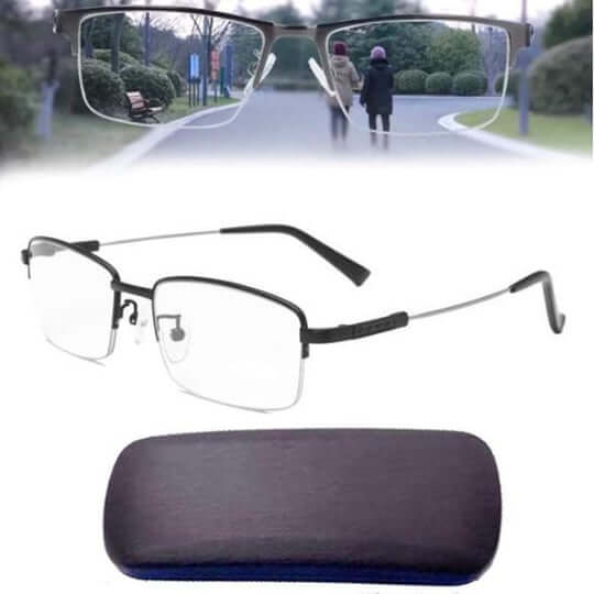 Multifocal glasses with anti-reflective coating and blue light filter for reading and distance