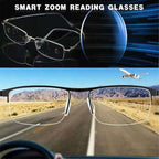 Multifocal glasses with anti-reflective coating and blue light filter for reading and distance