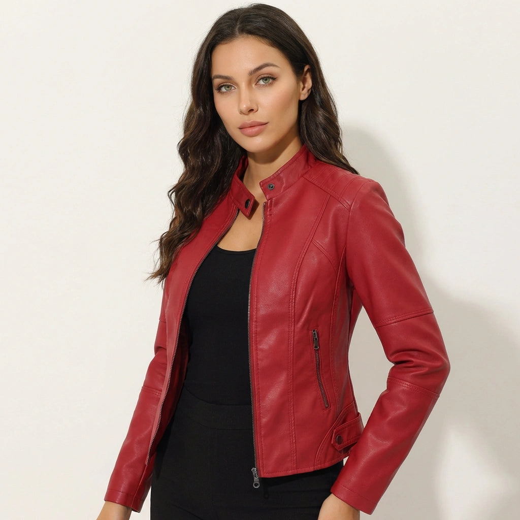Women leather jacket fitted silhouette with zip closure