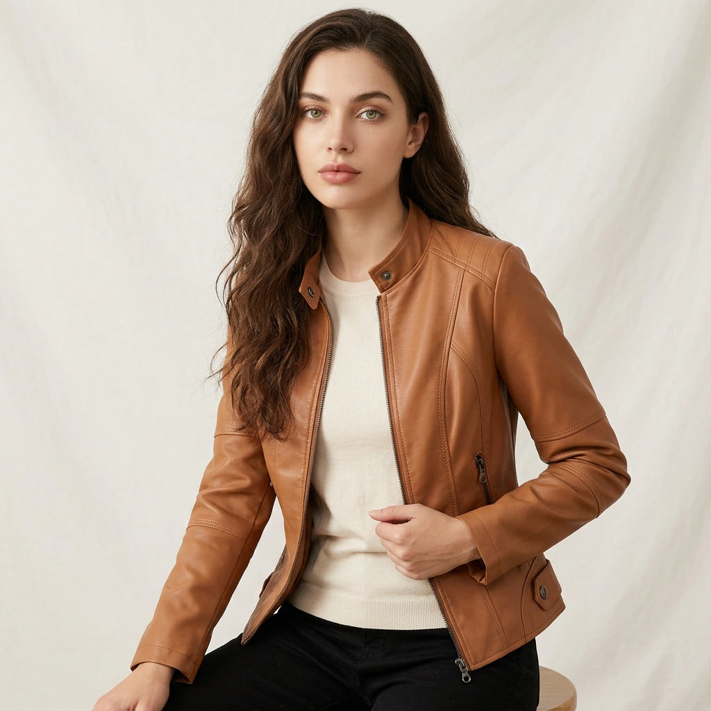 Women leather jacket fitted silhouette with zip closure