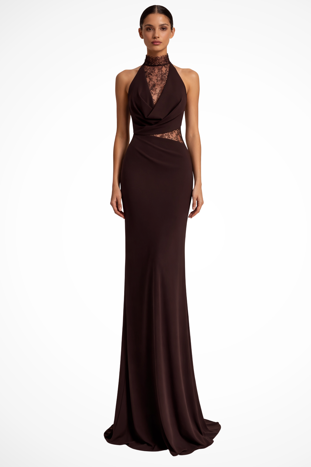 Women's halter neck lace panel maxi dress in red brown, floor-length formal wedding guest