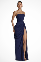 Women's strapless ruched maxi dress with high side slit, formal wedding guest evening gown