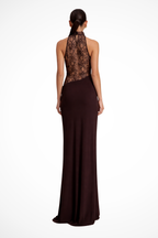 Women's halter neck lace panel maxi dress in red brown, floor-length formal wedding guest