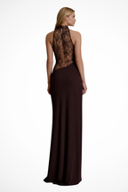 Women's halter neck lace panel maxi dress in red brown, floor-length formal wedding guest