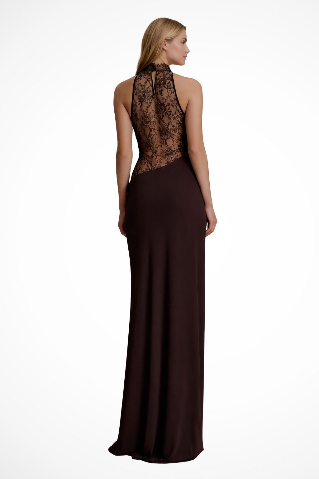 Women's halter neck lace panel maxi dress in red brown, floor-length formal wedding guest