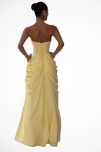 Women's strapless ruched maxi dress with high side slit, formal wedding guest evening gown