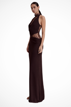 Women's halter neck lace panel maxi dress in red brown, floor-length formal wedding guest