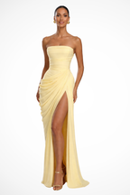 Women's strapless ruched maxi dress with high side slit, formal wedding guest evening gown