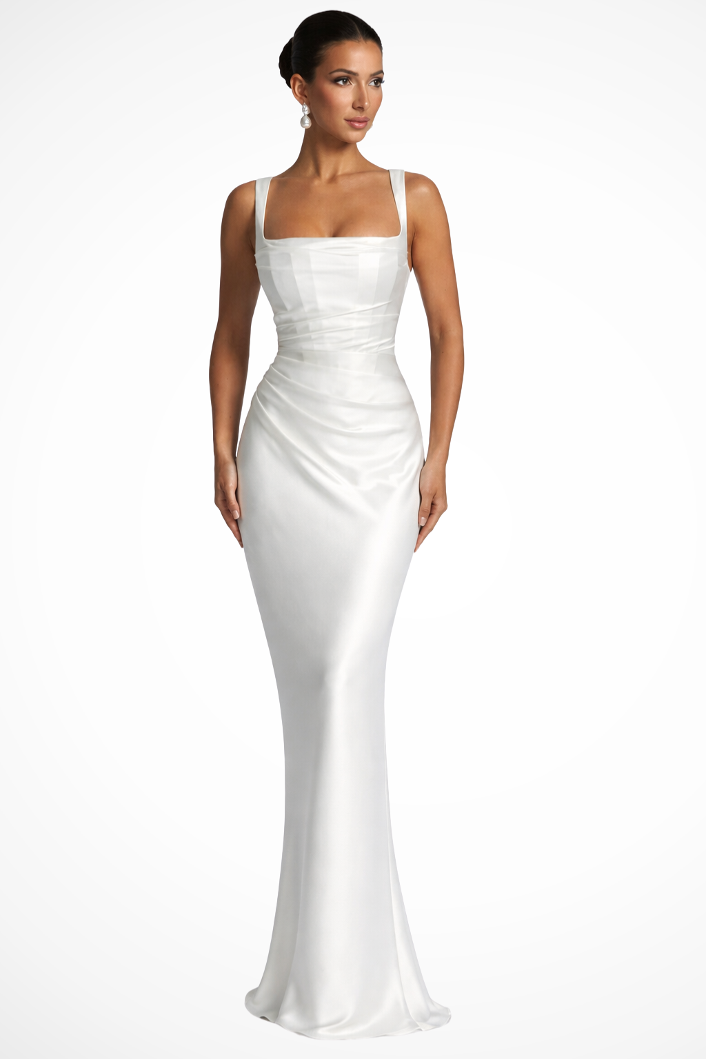Women's satin maxi dress with square neck and ruched bodice, floor-length wedding guest dress