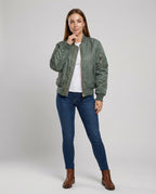 Women's bomber jacket hip length with ribbed trim and front zip, casual