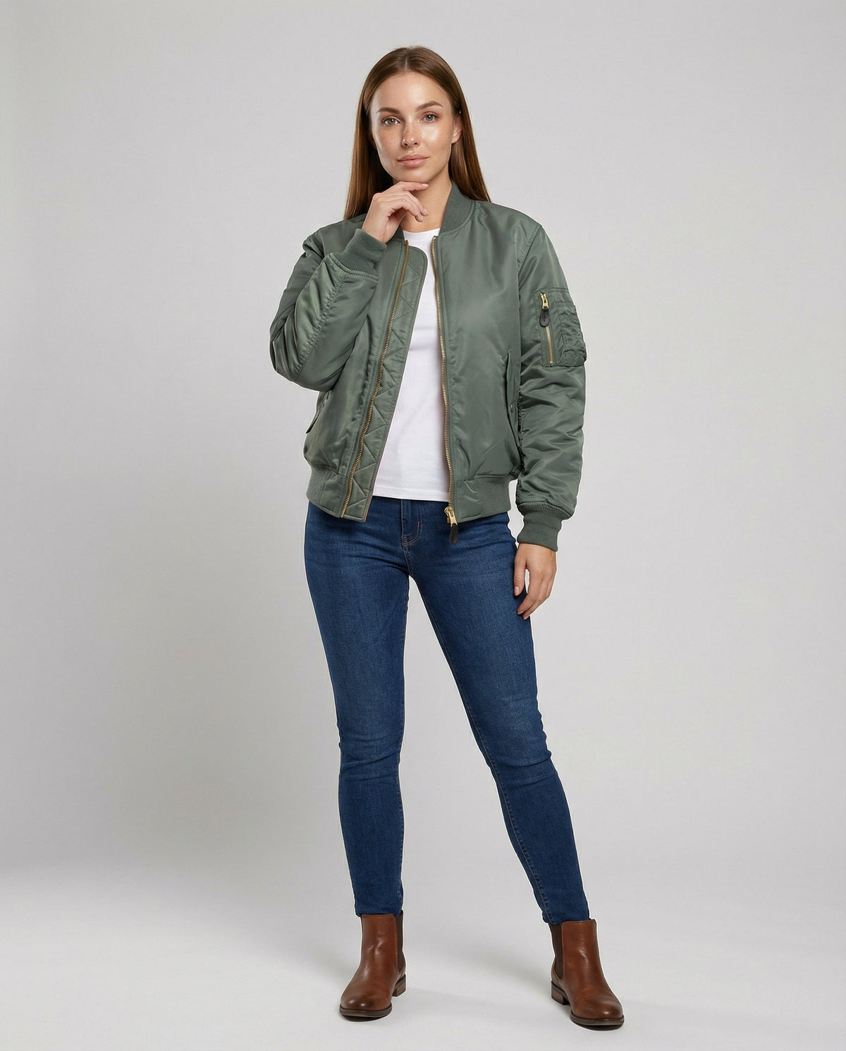 Women's bomber jacket hip length with ribbed trim and front zip, casual