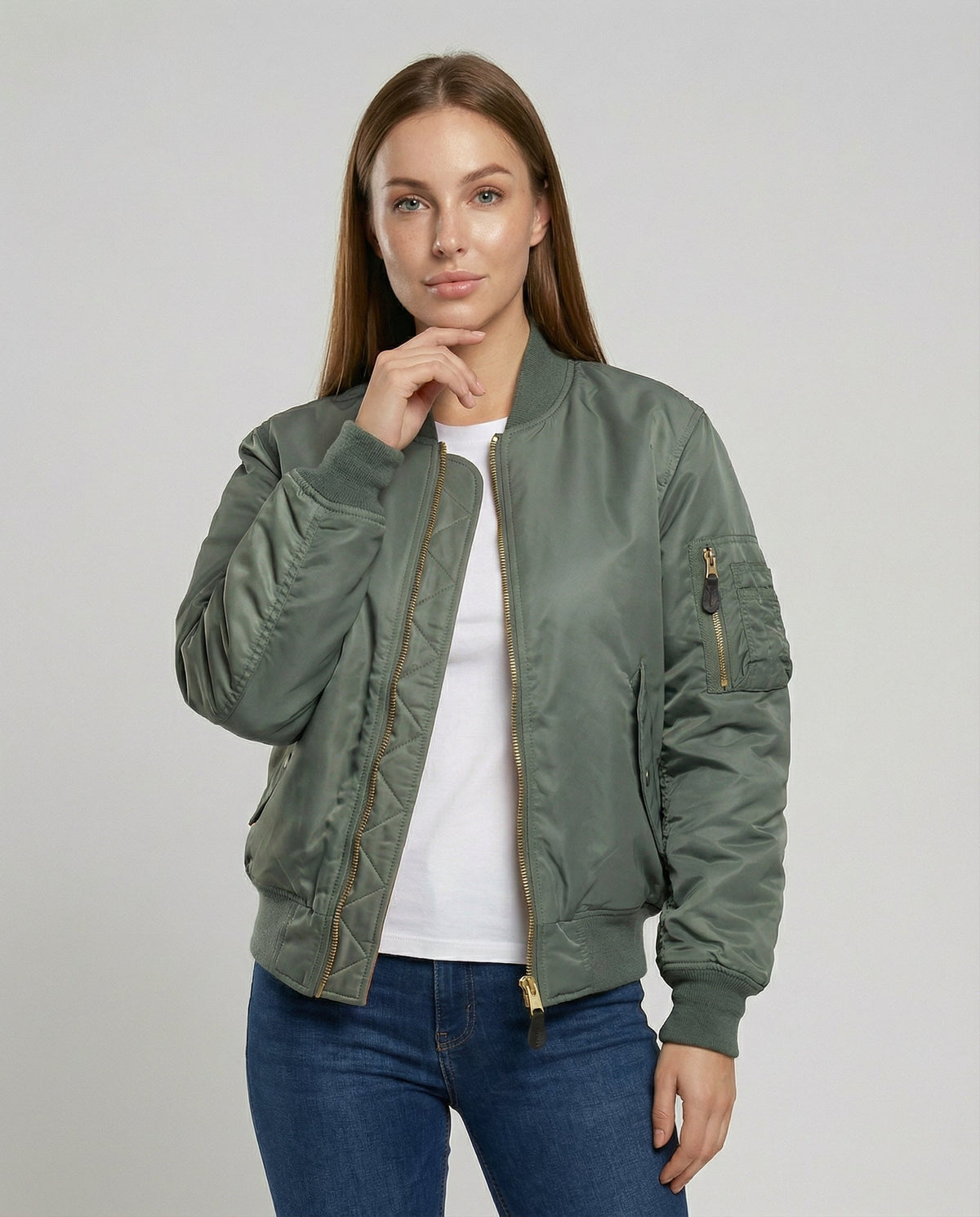 Women's bomber jacket hip length with ribbed trim and front zip, casual