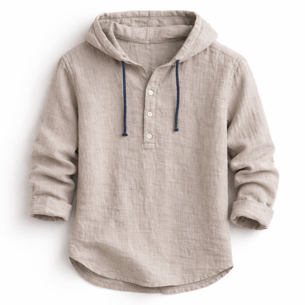 Men's linen shirt relaxed fit with adjustable drawstring hood, lightweight breathable